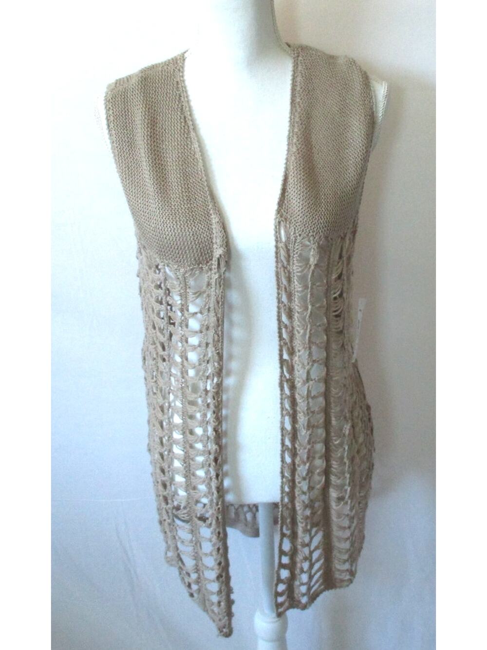 Indigo Women's Sleeveless Tan Crochet Open Front Cardigan Sweater NWT Size Lg.